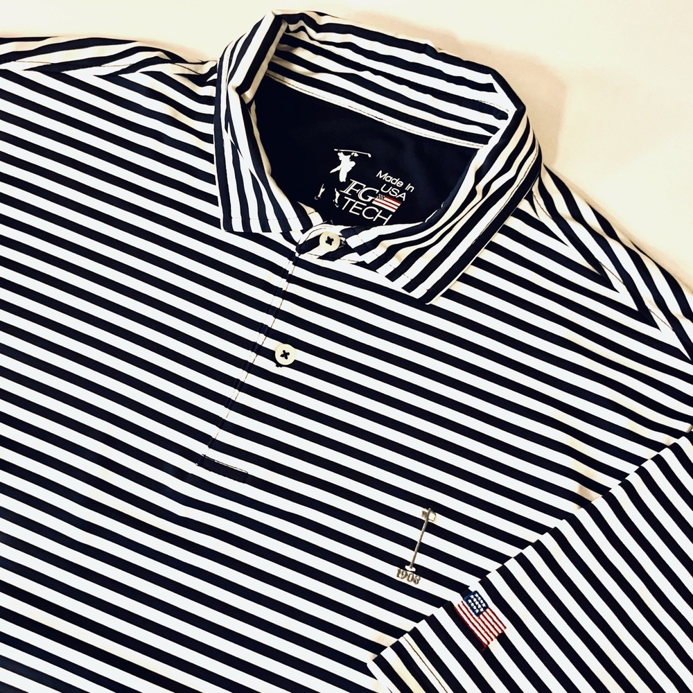 FG Tech Golf Polo Mens XL White/Blue Striped Performance Short Sleeve USA‎ Made